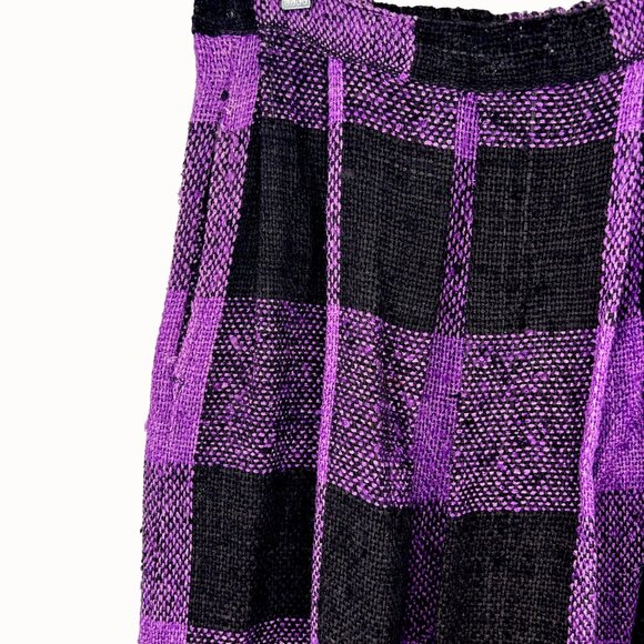 Vintage Purple & Black Textured Checker Plaid Pleated Midi Skirt W/ Pocket - M - Picture 3 of 5
